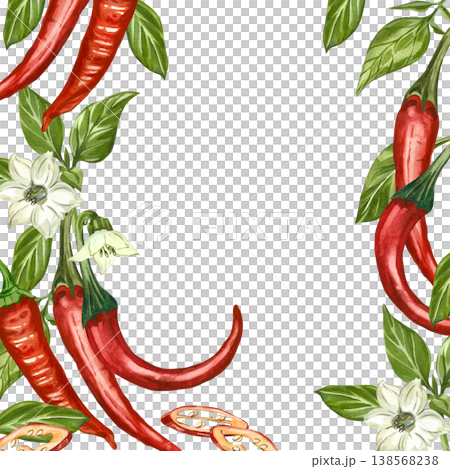 A frame of red chili peppers with green leaves and a flower. All objects are hand-painted in watercolor. Watercolor illustration for menus or recipe books, tableware, and kitchen linens. 138568238