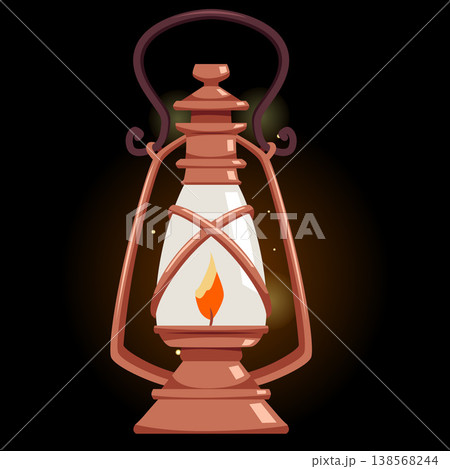 Vintage magic lantern with burning candle, vector cartoon antique hanging bronze holder with handle, kerosene lamp Vintage magic lantern with burning candle, vector cartoon antique hanging bronze holder with handle, kerosene lamp 138568244