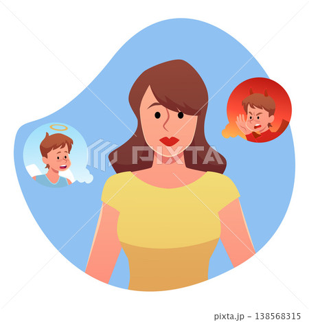Confused young woman with devil and angel on different sides, feel unsure about getting right or wrong decision vector 138568315