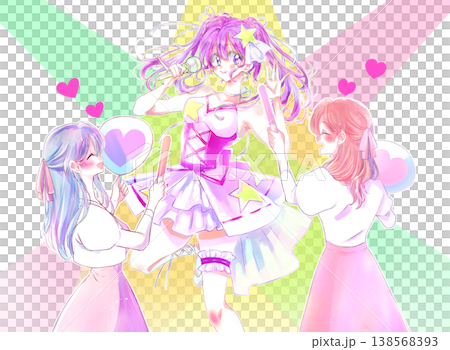 Two women are supporting an idol who is singing and dancing, holding fans and glow sticks; the lights are pink. Two women are supporting an idol who is singing and dancing, holding fans and glow sticks; the lights are pink. 138568393