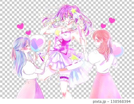歌って踊るアイドルとうちわとサイリウムを持って推し活をする女性2人　ピンク色 138568394