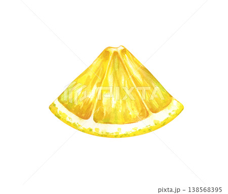 Watercolor illustration of a juicy yellow lemon slice Isolated on a white background. Perfect for summer menu design, kitchen decor, food packaging, cocktail recipes, wedding stationery, and organic 138568395
