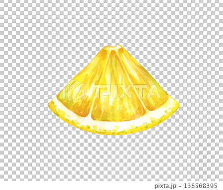 Watercolor illustration of a juicy yellow lemon slice Isolated on a white background. Perfect for summer menu design, kitchen decor, food packaging, cocktail recipes, wedding stationery, and organic 138568395