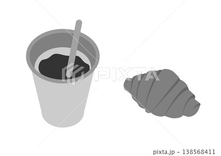 Disposable cup with coffee and stirring stick and croissant Minimalist Flat design element grayscale. Isolated Vector illustration Food Poster Sticker Icon Pictogram Banner, leaflets, label, price tag Disposable cup with coffee and stirring stick and croissant Minimalist Flat design element grayscale. Isolated Vector illustration Food Poster Sticker Icon Pictogram Banner, leaflets, label, price tag 138568411