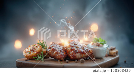 Delicious smoky bites. Upscale starter featuring glazed meat bites and aromatic garnishes 138568429