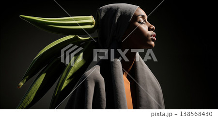 Model portrait detail. Intimate portrait emphasizing natural textures and meditative state Model portrait detail. Intimate portrait emphasizing natural textures and meditative state 138568430