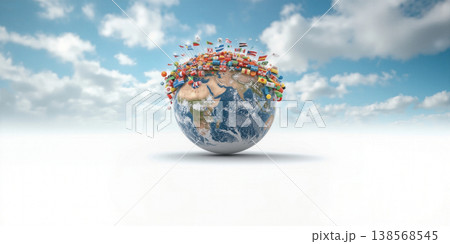 Colorful world with miniature community. Vivid globe featuring tiny houses and wind turbines 138568545