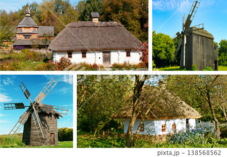 Vintage Ukrainian Village Life Mosaic with Wooden Church and Old Houses 138568562