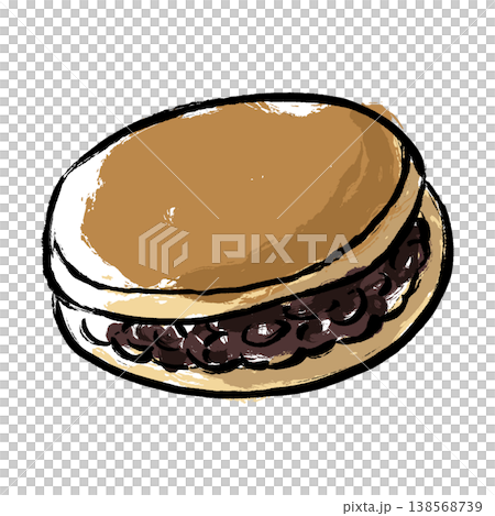 An illustration of a dorayaki filled with plenty of sweet red bean paste, drawn with a hand-drawn brushstroke style. 138568739