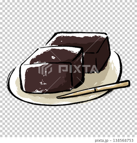 An illustration of two slices of yokan (sweet bean jelly) served on a small plate, along with a confectionery toothpick. An illustration of two slices of yokan (sweet bean jelly) served on a small plate, along with a confectionery toothpick. 138568753