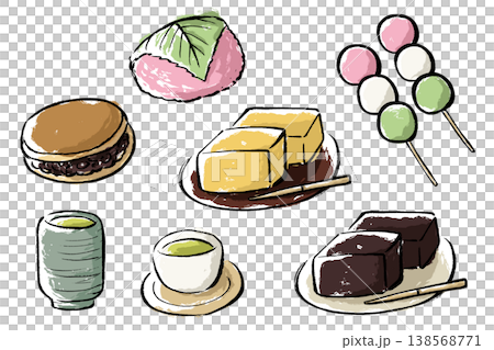桜餅やどら焼きなどの和菓子と緑茶の手描きイラストセット 138568771