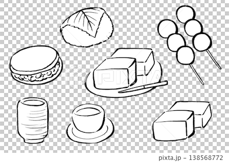 一組手繪的日本甜點插圖，例如櫻花麻糬、銅鑼燒和綠茶。 138568772
