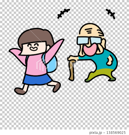 リュックでのんびり登校するおっとり女の子小学生とおじいちゃん リュックでのんびり登校するおっとり女の子小学生とおじいちゃん 138569025
