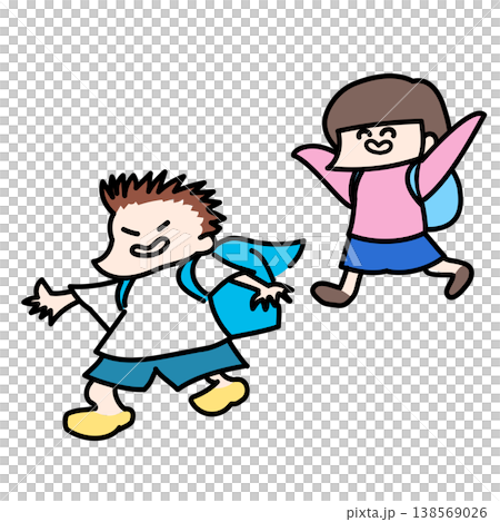 リュックでのんびり登校するおっとり女の子小学生と元気な友だち リュックでのんびり登校するおっとり女の子小学生と元気な友だち 138569026