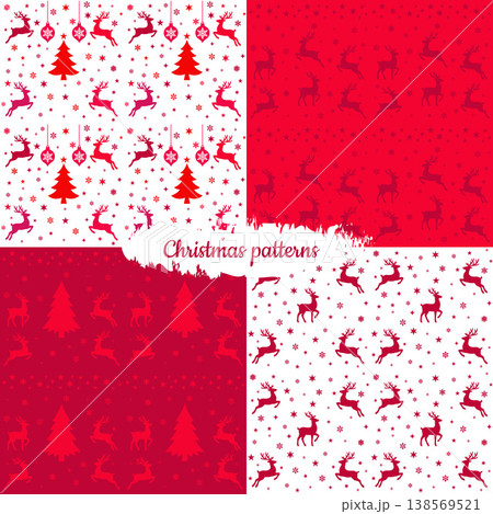 Set of 4 seamless patterns with reindeer, trees and festive elements 138569521