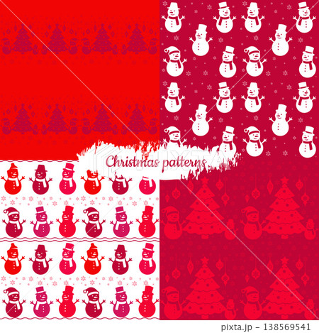 Set of seamless Christmas patterns with cute snowmen, snowflakes and winter elements in red palette. Perfect for kids products, wrapping paper, greeting cards and holiday decor Set of seamless Christmas patterns with cute snowmen, snowflakes and winter elements in red palette. Perfect for kids products, wrapping paper, greeting cards and holiday decor 138569541