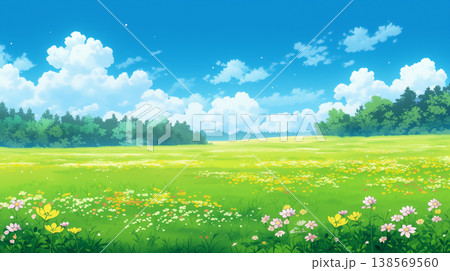 アニメ風の美しい花畑と青空の風景 138569560