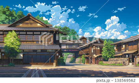 日本の伝統的な町並みのアニメ風イラスト背景 138569562
