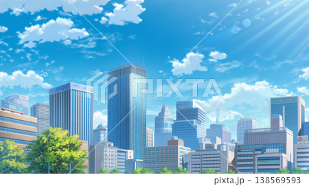 青空にそびえ立つ都会のビル群のアニメ風イラスト 138569593