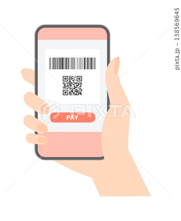 バーコードとQRコード、PAYの文字を表示中のスマホを見せてキャッシュレス決済する女性の手のイラスト 138569645