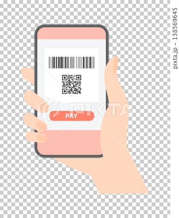 バーコードとQRコード、PAYの文字を表示中のスマホを見せてキャッシュレス決済する女性の手のイラスト 138569645