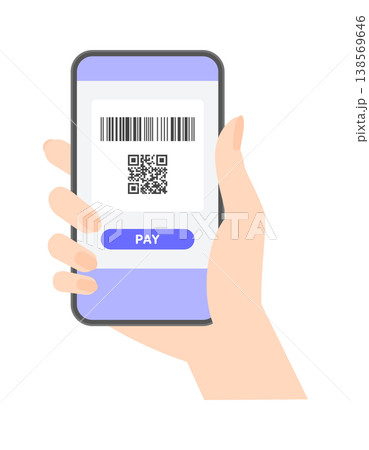バーコードとQRコード、PAYの文字を表示中のスマホを見せてキャッシュレス決済する女性の手のイラスト 138569646