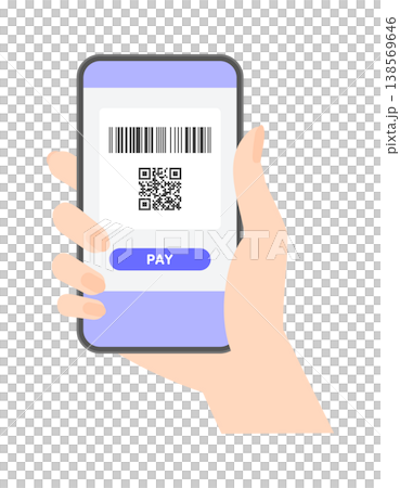 バーコードとQRコード、PAYの文字を表示中のスマホを見せてキャッシュレス決済する女性の手のイラスト 138569646