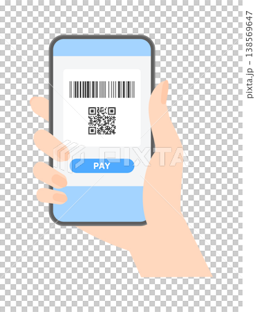 An illustration of a woman's hand making a cashless payment by showing a smartphone displaying a barcode, QR code, and the word "PAY". 138569647