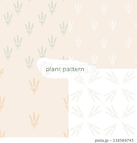 Set of seamless lavender patterns in soft neutral tones with minimal botanical style. 138569743