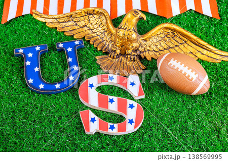 Patriotic symbols American football placed on green grass for super bowl sports event celebration. 138569995