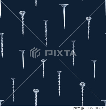 Seamless pattern with iron screws and nails on a dark blue background. Vertical watercolor illustration with working tools for packaging, wallpaper, wrapping paper, as well as for decorating repair 138570334