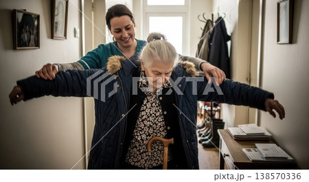 Nursing home worker assisting a senior woman with clothing in a room. Gentle movement and attention. Concept of caregiving and wellbeing. 138570336