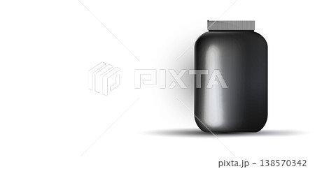 A realistic 3D mockup of a shiny black jar for supplements, protein or vitamins. Minimalist composition on a white background with soft shadow and copy space. Clean design for advertising 138570342