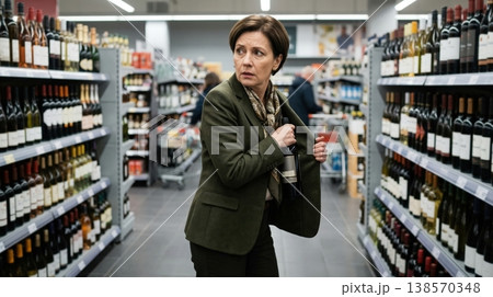 Adult woman attempting to hide a wine bottle under her coat in a store. Nervous posture and awareness. Concept of illegal action and control. 138570348