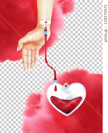 Hand-painted medical illustration of human hand with intravenous catheter, draining blood into heart-shaped donor bag. Isolated from background with red watercolor spots. Template with copy space Hand-painted medical illustration of human hand with intravenous catheter, draining blood into heart-shaped donor bag. Isolated from background with red watercolor spots. Template with copy space 138570472