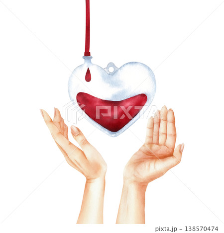 Blood donation concept. Hands pointing upward toward a heart-shaped blood bag with drop and medical tubing. Watercolor hand painted illustration Isolated from background for healthcare design Blood donation concept. Hands pointing upward toward a heart-shaped blood bag with drop and medical tubing. Watercolor hand painted illustration Isolated from background for healthcare design 138570474