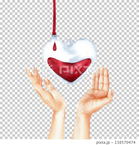 Blood donation concept. Hands pointing upward toward a heart-shaped blood bag with drop and medical tubing. Watercolor hand painted illustration Isolated from background for healthcare design Blood donation concept. Hands pointing upward toward a heart-shaped blood bag with drop and medical tubing. Watercolor hand painted illustration Isolated from background for healthcare design 138570474