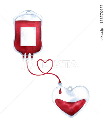 Medical illustration showing two IV blood bags connected by plastic tube forming a heart shape. Symbol of life saving, blood transfusion, donation and charity. Watercolor art isolated from background Medical illustration showing two IV blood bags connected by plastic tube forming a heart shape. Symbol of life saving, blood transfusion, donation and charity. Watercolor art isolated from background 138570475