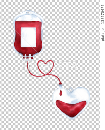 Medical illustration showing two IV blood bags connected by plastic tube forming a heart shape. Symbol of life saving, blood transfusion, donation and charity. Watercolor art isolated from background Medical illustration showing two IV blood bags connected by plastic tube forming a heart shape. Symbol of life saving, blood transfusion, donation and charity. Watercolor art isolated from background 138570475