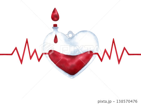 Watercolor illustration of heart-shaped donor blood bag with electrocardiogram pulse line and drop of blood. Heartbeat rhythm. Cardiology, blood donation concept for cards. Hand painted isolated art 138570476
