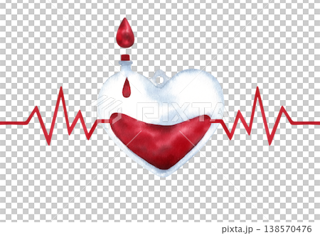 Watercolor illustration of heart-shaped donor blood bag with electrocardiogram pulse line and drop of blood. Heartbeat rhythm. Cardiology, blood donation concept for cards. Hand painted isolated art 138570476