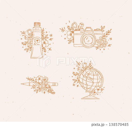 Paint tube, camera, pencil, globe floral arrangement beige Paint tube, camera, pencil, globe floral arrangement beige 138570485
