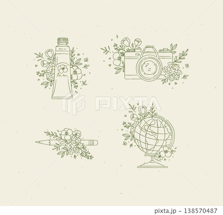 Paint tube, camera, pencil, globe floral arrangement green and beige 138570487