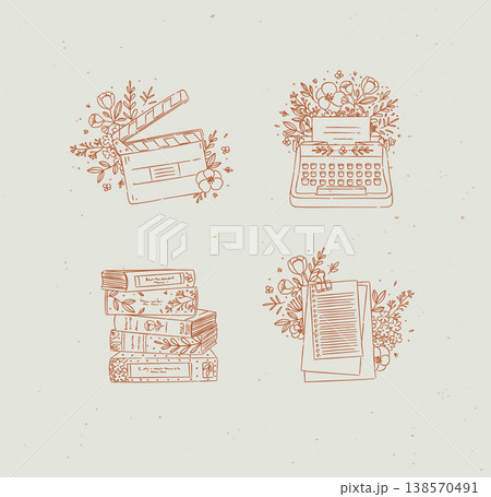 Clapperboard, typewriter, stack of books, checklist in floral arrangement coral 138570491