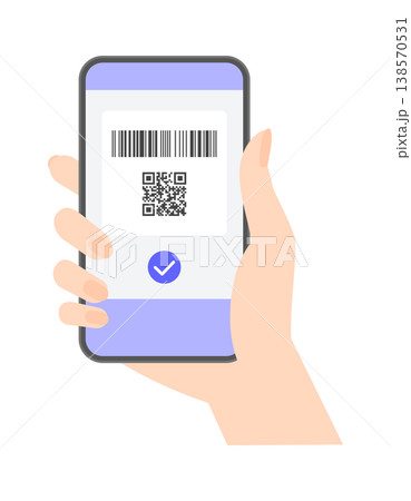 シンプルでおしゃれなバーコードとQRコードとチェックマークが表示中のスマートフォンを持つ女性の手 138570531