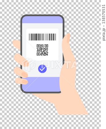 シンプルでおしゃれなバーコードとQRコードとチェックマークが表示中のスマートフォンを持つ女性の手 138570531