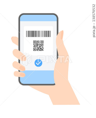 シンプルでおしゃれなバーコードとQRコードとチェックマークが表示中のスマートフォンを持つ女性の手 シンプルでおしゃれなバーコードとQRコードとチェックマークが表示中のスマートフォンを持つ女性の手 138570532