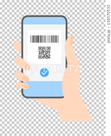 シンプルでおしゃれなバーコードとQRコードとチェックマークが表示中のスマートフォンを持つ女性の手 シンプルでおしゃれなバーコードとQRコードとチェックマークが表示中のスマートフォンを持つ女性の手 138570532
