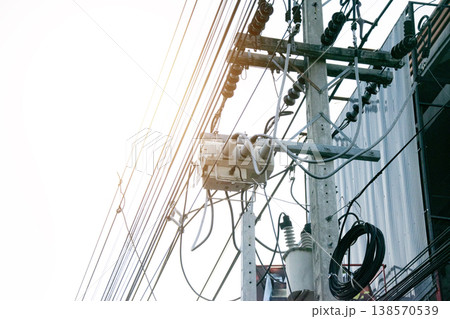Electrical connection points on utility poles. Electrical connection points on utility poles. 138570539