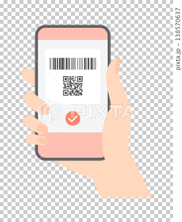 A woman's hand holding a smartphone displaying a simple and stylish barcode, QR code, and checkmark. 138570637